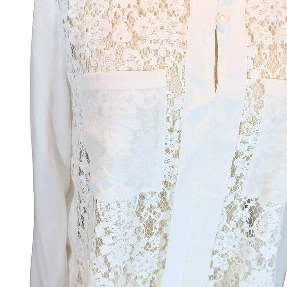 REBECCA TAYLOR Cream Sheer Lace Silk Long Sleeve Popover Blouse Top Size 8 - Picture 6 of 10